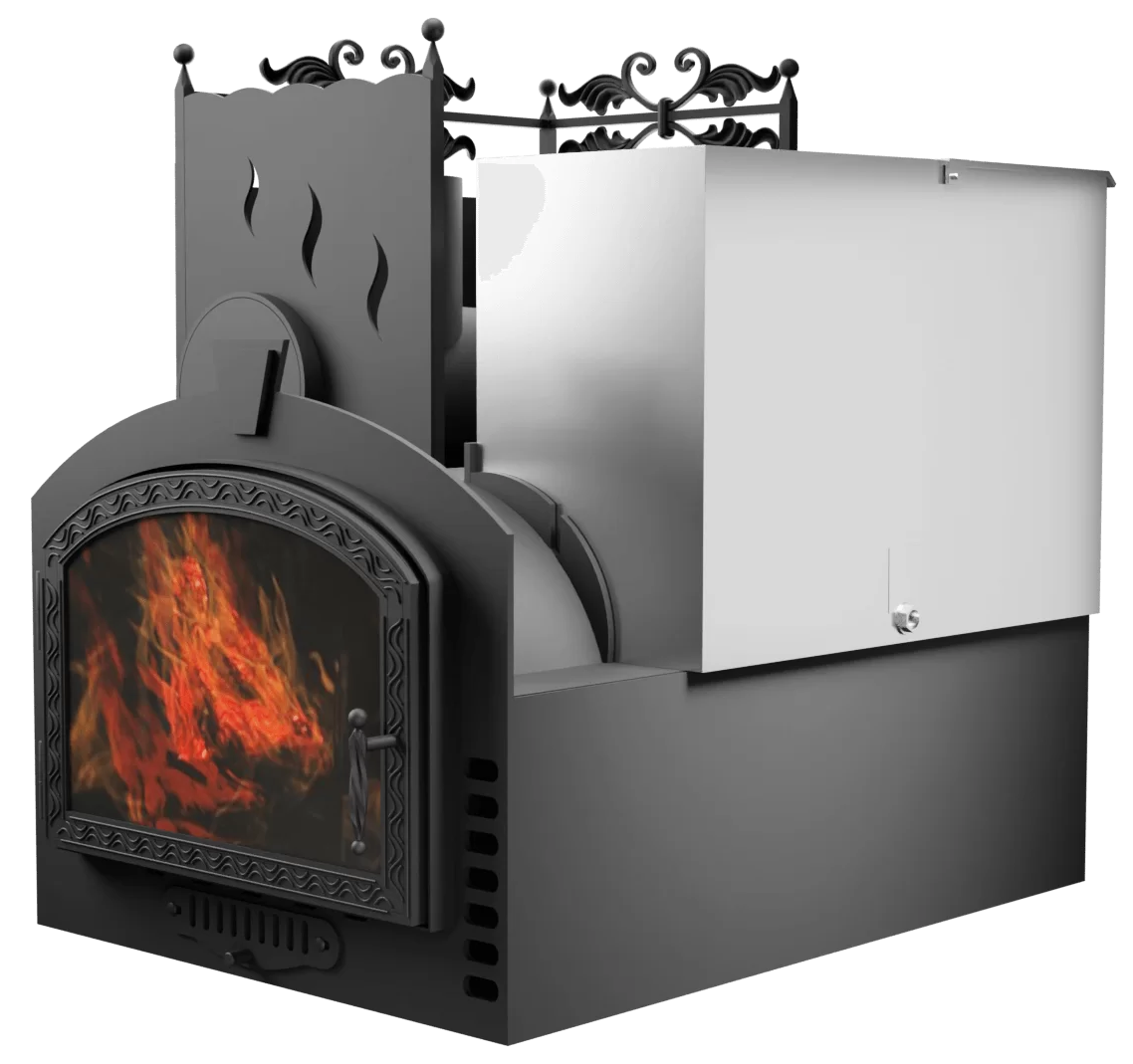 Печь Горыныч 3, каменка с левой стороны, большая дверь со стеклом, система воздушного отопления фото в Уфе