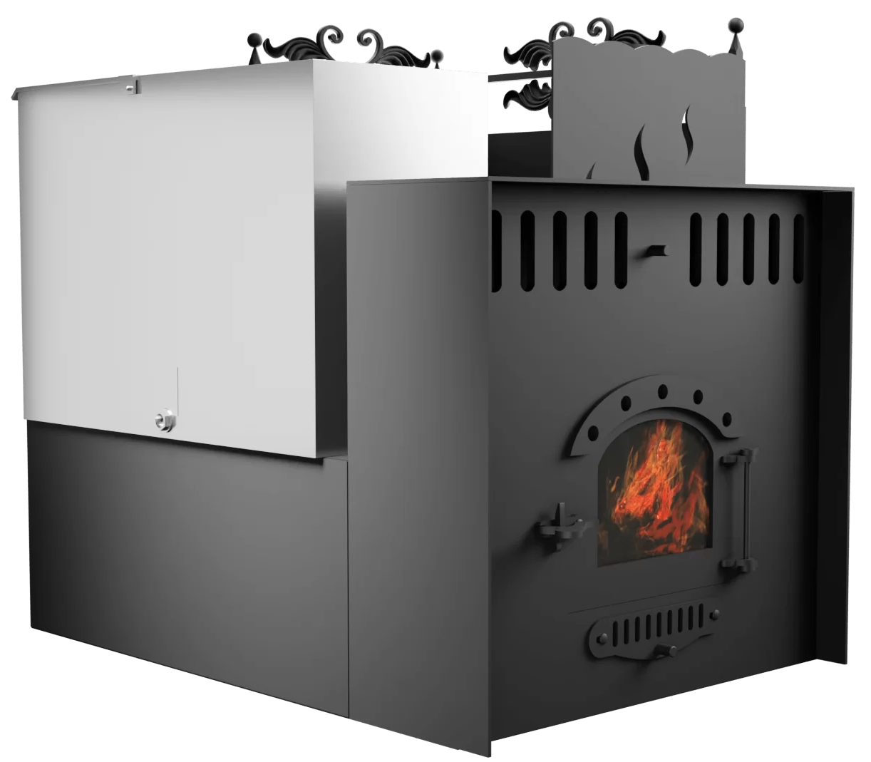 Печь Горыныч 3, каменка с правой стороны, малая дверь со стеклом, система воздушного отопления с порталом фото в Уфе