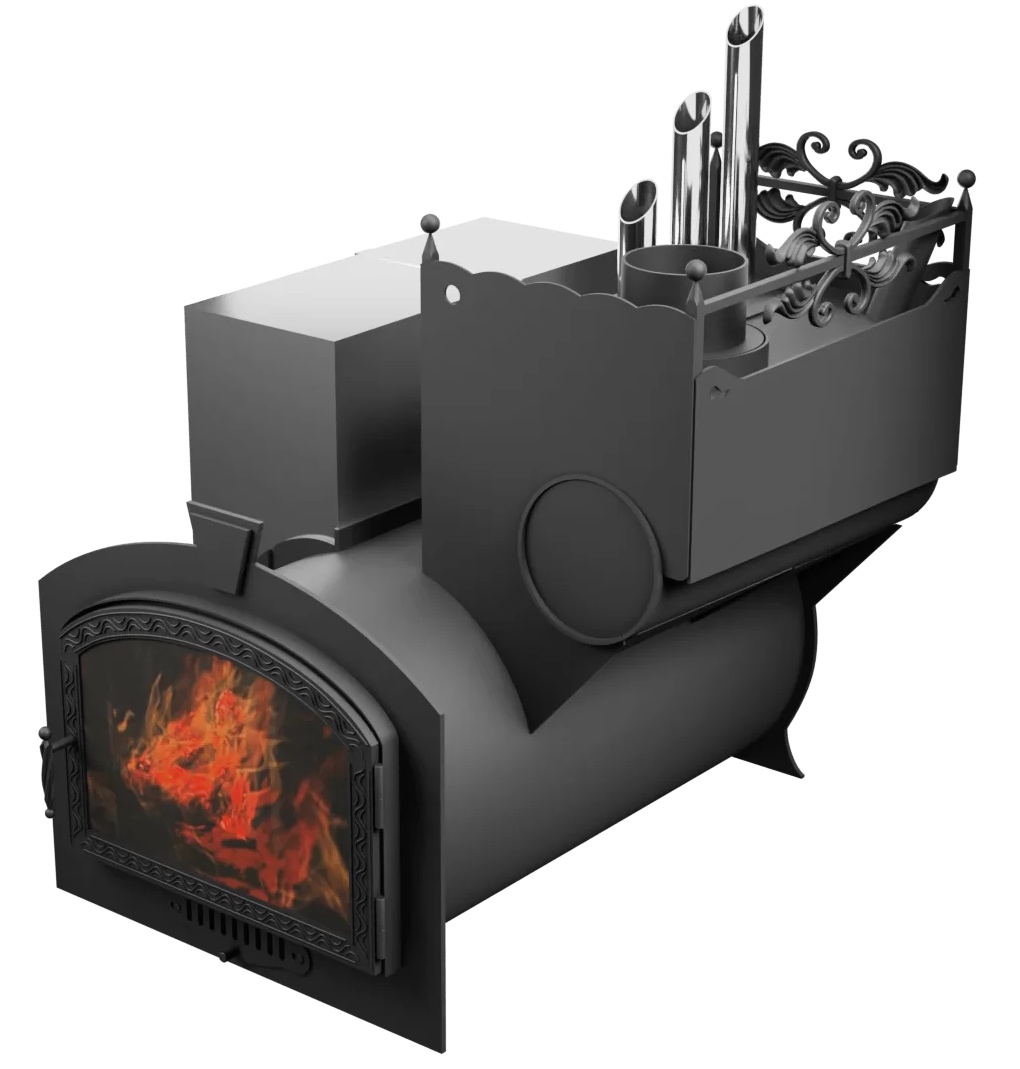 Печь Горыныч 3, каменка закрытая с парогенератором с правой стороны, большая дверь со стеклом фото в Уфе